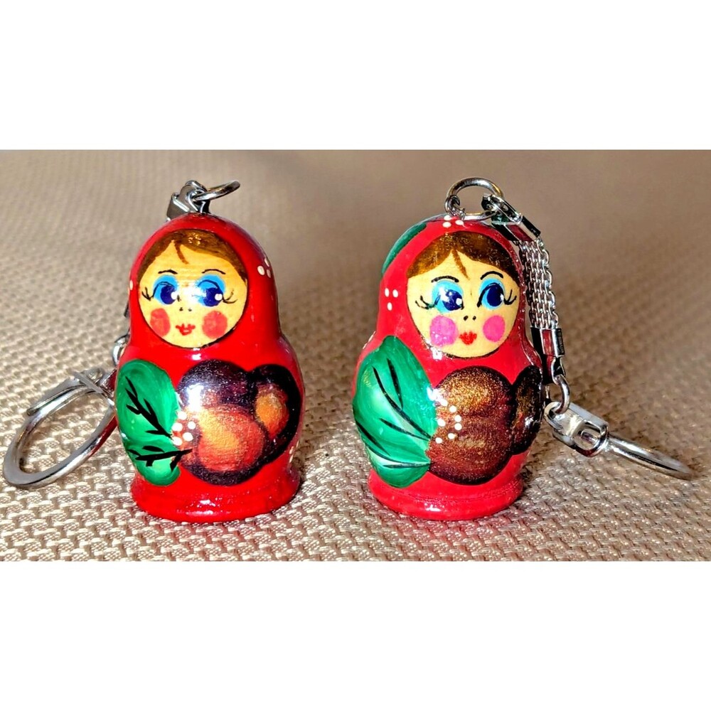 Russian Matryushka Keychains Nesting Doll Design Set Of 2 Red Floral Wood Metal